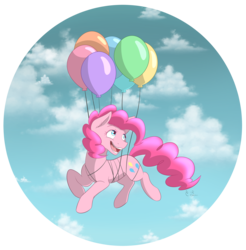 Size: 6330x6444 | Tagged: safe, artist:emcrasher, pinkie pie, earth pony, pony, g4, balloon, cloud, cute, day, diapinkes, ear fluff, female, floating, open mouth, sky, solo, then watch her balloons lift her up to the sky