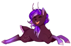 Size: 1200x776 | Tagged: safe, artist:cinnamonsparx, oc, oc only, oc:gentle breeze, deer, deer pony, original species, cloven hooves, female, laughing, prone, simple background, solo, transparent background