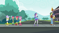 Size: 1920x1080 | Tagged: safe, screencap, apple bloom, diamond tiara, micro chips, rarity, sandalwood, scootaloo, sweetie belle, equestria girls, fomo, g4, my little pony equestria girls: better together, belle sisters, boots, calling for a taxi, canterlot high, clothes, cutie mark crusaders, drama queen, female, jeans, male, marshmelodrama, nose in the air, open mouth, pants, parking lot, rarity being rarity, shoes, siblings, sisters, skirt