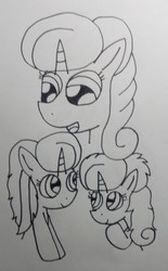 Size: 1978x3196 | Tagged: safe, artist:徐詩珮, glitter drops, oc, oc:betty pop, oc:ehenk berrytwist, pony, unicorn, g4, female, filly, lineart, magical lesbian spawn, mare, mother and daughter, offspring, parent:glitter drops, parent:tempest shadow, parents:glittershadow, siblings, sisters, traditional art