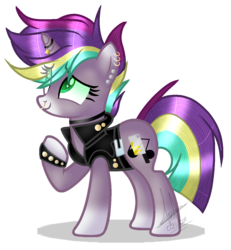 Size: 1043x1129 | Tagged: safe, artist:space--paws0w0, oc, oc only, oc:punk note, pony, unicorn, belt, blaze (coat marking), choker, clothes, coat markings, ear piercing, earring, facial markings, female, horn, horn ring, jacket, jewelry, leather jacket, mare, nose piercing, nose ring, piercing, raised hoof, simple background, solo, spiked wristband, transparent background, wristband