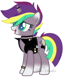 Size: 1584x1888 | Tagged: safe, artist:space--paws0w0, oc, oc only, oc:punk note, pony, unicorn, belt, blaze (coat marking), choker, clothes, coat markings, ear piercing, earring, facial markings, female, horn, horn ring, jacket, jewelry, leather jacket, mare, nose piercing, nose ring, piercing, simple background, solo, spiked wristband, transparent background, wristband
