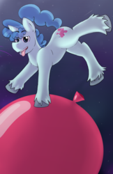 Size: 1658x2553 | Tagged: safe, artist:peachy-pudding, party favor, pony, unicorn, g4, backwards cutie mark, balloon, cute, eye clipping through hair, favorbetes, male, open mouth, size difference, solo, stallion, tiny, tiny ponies, tongue out, unshorn fetlocks