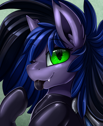 Size: 1446x1764 | Tagged: safe, artist:pridark, oc, oc only, oc:kuro, bat pony, pony, :p, bat pony oc, black tongue, bust, commission, female, green eyes, latex, mare, one eye closed, portrait, silly, solo, tongue out, wink