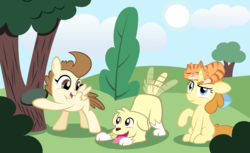Size: 2000x1222 | Tagged: safe, artist:magerblutooth, pound cake, pumpkin cake, oc, oc:champ (dog), oc:tiger lily (cat), cat, dog, golden retriever, pegasus, pony, unicorn, g4, cake twins, colt, female, filly, frisbee, male, older, pet oc, pets, tail wag, tree