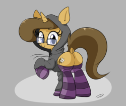 Size: 2819x2362 | Tagged: safe, artist:taurson, oc, oc only, oc:buckwheat, pony, unicorn, butt, clothes, dock, female, freckles, glasses, high res, hoodie, looking at you, looking back, looking back at you, mare, plot, raised hoof, simple background, smiling, socks, solo, striped socks