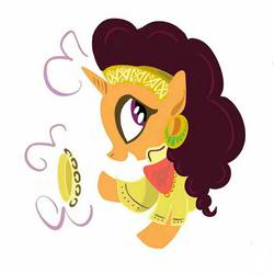 Size: 1076x1078 | Tagged: safe, artist:chinesexiangping, saffron masala, pony, unicorn, g4, bust, cute, female, musical instrument, open mouth, profile, saffronbetes, simple background, solo, tambourine, white background
