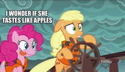 Size: 1600x922 | Tagged: safe, edit, edited screencap, screencap, applejack, pinkie pie, earth pony, pony, g4, ppov, caption, discovery family logo, duo, female, hatless, image macro, imminent licking, lesbian, lifejacket, mare, missing accessory, pinkie derp, ship:applepie, shipping, storm, text, tongue out