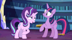 Size: 980x551 | Tagged: safe, screencap, starlight glimmer, twilight sparkle, alicorn, pony, unicorn, g4, season 6, the crystalling, animated, cute, duo, duo female, female, gif, glimmerbetes, grin, looking at each other, mare, open mouth, raised hoof, smiling, twiabetes, twilight sparkle (alicorn), twilight's castle