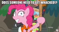 Size: 1600x884 | Tagged: safe, edit, edited screencap, screencap, pinkie pie, pony, g4, ppov, caption, death threat, discovery family logo, female, image macro, pinkie derp, solo, stick, text, threat