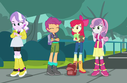 Size: 660x429 | Tagged: safe, screencap, apple bloom, diamond tiara, scootaloo, sweetie belle, equestria girls, equestria girls series, fomo, g4, spoiler:eqg series (season 2), apple bloom's bow, backpack, book, boots, bow, cellphone, clothes, compression shorts, cutie mark crusaders, ear piercing, earring, eyes closed, female, hair bow, jewelry, pants, phone, piercing, shoes, shorts, skirt, smartphone, smiling