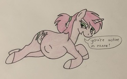 Size: 1946x1214 | Tagged: safe, artist:warrior_stew, oc, oc only, oc:mulberry tart, pony, dialogue, female, kicking, mare, pregnant, traditional art
