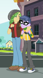 Size: 297x534 | Tagged: safe, screencap, microchips, sandalwood, equestria girls, equestria girls series, fomo, g4, spoiler:eqg series (season 2), canterlot high, clothes, converse, cropped, glasses, pants, shoes, smiling, sneakers