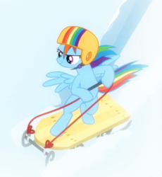 Size: 578x627 | Tagged: safe, screencap, rainbow dash, pegasus, pony, g4, tanks for the memories, bipedal, cropped, female, helmet, mare, sled, sledding, solo, spread wings, wings