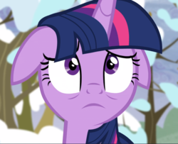 Size: 1155x939 | Tagged: safe, screencap, twilight sparkle, alicorn, pony, g4, tanks for the memories, close-up, cropped, female, floppy ears, looking up, mare, scared, solo, twilight sparkle (alicorn)