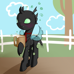 Size: 2500x2500 | Tagged: safe, artist:upsidedownpanda, oc, oc only, changeling, blushing, changeling oc, cider, drunk, fence, high res, solo, tankard, tree