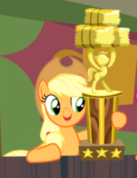 Size: 621x807 | Tagged: safe, screencap, applejack, earth pony, pony, appleoosa's most wanted, g4, cropped, female, holding, mare, open mouth, proud, smiling, solo, trophy