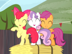 Size: 671x501 | Tagged: safe, screencap, apple bloom, scootaloo, sweetie belle, earth pony, pegasus, pony, unicorn, appleoosa's most wanted, g4, adorabloom, bloom butt, butt, cropped, cute, cutealoo, cutie mark crusaders, diasweetes, eyes closed, female, filly, hay bale, laughing, plot, raised hoof, scootabutt, smiling, sweetie butt, trio
