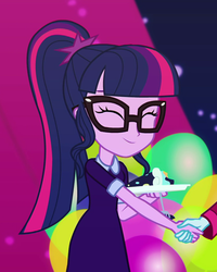 Size: 745x929 | Tagged: safe, screencap, rosette nebula, sci-twi, twilight sparkle, equestria girls, equestria girls series, g4, twilight under the stars, spoiler:eqg series (season 2), balloon, clothes, cute, dress, glasses, handshake, offscreen character, ponytail, sci-twi outfits, smiling, solo focus, twiabetes