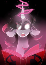 Size: 1280x1784 | Tagged: safe, artist:melodisiaion, oleander (tfh), them's fightin' herds, beanbrows, book, bust, community related, eye clipping through hair, eyebrows, eyebrows visible through hair, female, floppy ears, glowing eyes, glowing horn, horn, magic, open mouth, portrait, possessed, solo