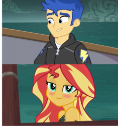Size: 1014x1080 | Tagged: safe, artist:kingdark0001, edit, flash sentry, sunset shimmer, equestria girls, g4, blushing, clothes, female, looking at you, male, ship:flashimmer, shipping, straight, swimsuit