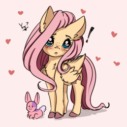 Size: 2000x2000 | Tagged: safe, artist:miokomata, fluttershy, pegasus, pony, rabbit, g4, animal, chest fluff, cute, dialogue, exclamation point, female, freckles, heart, high res, mare, shyabetes, signature, unshorn fetlocks, weapons-grade cute