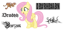Size: 1542x720 | Tagged: safe, artist:andoanimalia, fluttershy, pegasus, pony, g4, horse play, agalloch, ambient, arcade fire, black metal, blackletter, burzum, cute, deafheaven, drudkh, female, folk metal, heavy metal, indie rock, mare, music, open mouth, post-metal, shoegaze, shyabetes, simple background, solo, vector, white background