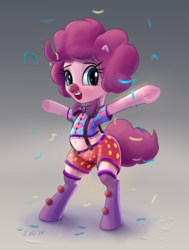 Size: 3147x4152 | Tagged: safe, artist:xbi, pinkie pie, earth pony, pony, g4, alternate hairstyle, belly button, bipedal, bowtie, clothes, clown, clown nose, clown outfit, commission, confetti, costume, female, frog (hoof), gradient background, huggable, looking at you, mare, open mouth, red nose, shorts, smiling, socks, solo, underhoof