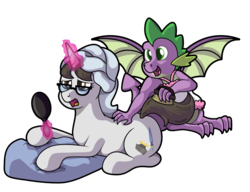 Size: 2010x1547 | Tagged: safe, artist:littletigressda, raven, spike, dragon, pony, unicorn, g4, brush, female, glasses, interspecies, mare, mirror, ship:ravenspike, shipping, simple background, straight, towel, transparent background, winged spike, wings