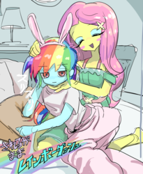 Size: 739x900 | Tagged: safe, artist:ceitama, fluttershy, rainbow dash, human, equestria girls, g4, bunny ears, duo, female, lesbian, ship:flutterdash, shipping