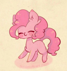 Size: 1600x1700 | Tagged: safe, artist:herrenaheart2005, pinkie pie, earth pony, pony, g4, blush sticker, blushing, chest fluff, chibi, cute, diapinkes, ear fluff, eyes closed, female, leg fluff, mare, missing cutie mark, raised hoof, raised leg, simple background, smiling, solo, yellow background