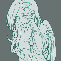 Size: 1000x1000 | Tagged: dead source, safe, artist:blueeye, fluttershy, human, g4, clothes, dress, female, humanized, lineart, looking at you, one eye closed, solo, winged humanization, wings, wink