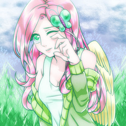 Size: 1000x1000 | Tagged: dead source, safe, alternate version, artist:blueeye, fluttershy, human, g4, clothes, dress, female, human coloration, humanized, looking at you, nail polish, one eye closed, solo, winged humanization, wings, wink