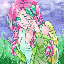 Size: 1000x1000 | Tagged: dead source, safe, artist:blueeye, fluttershy, human, g4, clothes, dress, female, human coloration, humanized, looking at you, nail polish, one eye closed, solo, winged humanization, wings, wink