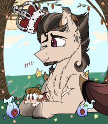 Size: 2099x2399 | Tagged: safe, artist:myfantasy08, oc, oc:equino echonnus, oc:stanley echonnus, demon pony, succubus, angry, bat wings, beard, blushing, cherry, chest fluff, colored wings, duo, facial hair, father and daughter, female, filly, flaming cherry, food, high res, hoof fluff, horns, king, laughing, male, multicolored mane, multicolored wings, neck fluff, one eye closed, princess, question mark, stains, stars, tree, wings, younger
