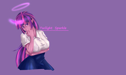 Size: 5000x3000 | Tagged: dead source, safe, artist:pino曹曹, twilight sparkle, human, g4, beautiful, clothes, female, halo, horn, horned humanization, humanized, purple background, simple background, skirt, solo, wallpaper