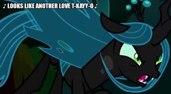 Size: 906x500 | Tagged: safe, edit, edited screencap, screencap, queen chrysalis, changeling, changeling queen, pony, g4, the mean 6, angry, caption, charge, female, image macro, love t-k-o, solo, song reference, teddy pendergrass, text