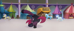 Size: 1920x804 | Tagged: safe, screencap, tempest shadow, pony, unicorn, g4, my little pony: the movie, acrobatics, airship, armor, background pony, broken horn, eye scar, female, hoof shoes, horn, jumping, male, mare, market, mohawk, obsidian orb, scar, stallion, tent, underhoof, unnamed character, unnamed pony