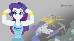 Size: 1444x800 | Tagged: safe, artist:niban-destikim, rarity, equestria girls, g4, biceps, bracelet, clothes, commission, flexing, gem, gloves, gritted teeth, helmet, jewelry, miner, muscles, overalls, pickaxe, ripped rarity, rock, smiling, solo, tank top