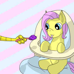 Size: 1600x1600 | Tagged: safe, artist:m3g4p0n1, discord, fluttershy, g4, chair, feeding, female, filly, filly fluttershy, foal, highchair, offscreen character, spoon, spoon-feeding, tongue out, younger