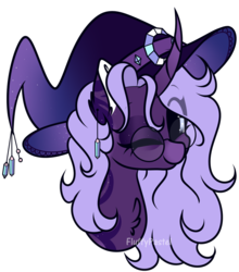 Size: 1024x1161 | Tagged: safe, artist:fluffy-pastel, oc, oc:hisra, pony, unicorn, bust, crystal, curved horn, glasses, hat, head, horn, looking at you, one eye closed, simple background, transparent background, unicorn oc, wink, witch hat