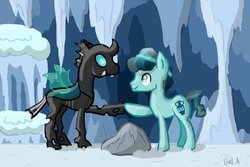 Size: 1095x730 | Tagged: safe, artist:elsarivrwood, crystal hoof, thorax, changeling, crystal pony, pony, g4, cave, disguised changeling, ice, male, rock, self ponidox, stallion, triality
