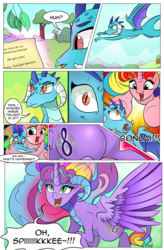 Size: 1800x2740 | Tagged: safe, artist:candyclumsy, artist:multi-commer, applejack, fluttershy, pinkie pie, princess ember, rainbow dash, rarity, starlight glimmer, sunset shimmer, twilight sparkle, oc, oc:empress eternal party, oc:queen all nighter, alicorn, dracony, dragon, hybrid, pony, comic:the great big fusion, g4, butt, comic, cutie mark, eyelashes, eyeshadow, fusion, fusion:empress eternal party, fusion:queen all nighter, hair bun, makeup, merge, merging, plot, size difference, the ass was fat, xk-class end-of-the-world scenario