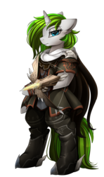 Size: 1671x2825 | Tagged: safe, artist:pridark, oc, oc only, oc:vinyl mix, unicorn, semi-anthro, archer, arm hooves, bipedal, clothes, commission, crossbow, fantasy class, looking at you, simple background, solo, transparent background, weapon