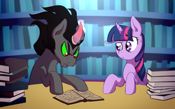 Size: 1355x843 | Tagged: safe, artist:patty-plmh, king sombra, twilight sparkle, alicorn, pony, unicorn, g4, book, fanfic in the description, female, magic, male, mare, shipping, spanish, stallion, story included, straight, translated in the description, twilight sparkle (alicorn)