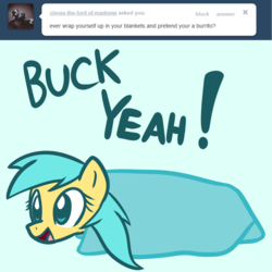 Size: 1280x1280 | Tagged: safe, artist:datahmedz, sunshower raindrops, pony, raindropsanswers, g4, ask, blanket burrito, buck, burrito, female, food, solo, tumblr