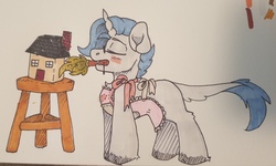 Size: 1373x823 | Tagged: safe, artist:spoopygander, oc, oc only, oc:yodi, pony, unicorn, apron, blushing, bow, chest fluff, cleaning, clothes, cloven hooves, eyes closed, feathered fetlocks, furniture, glasses, hooves, house, housewife, male, model, stallion, stool, traditional art