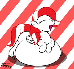 Size: 1280x1196 | Tagged: safe, artist:zeldafan777, oc, oc only, oc:peppermint pattie, pegasus, pony, adorafatty, belly, belly bed, cute, eyes closed, fat, female, freckles, giggling, happy, huge belly, impossibly large belly, large belly, mare, morbidly obese, obese, open mouth