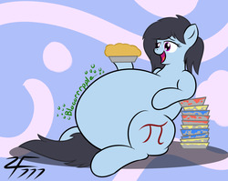 Size: 1280x1017 | Tagged: safe, artist:zeldafan777, oc, oc only, oc:pepper dust, pegasus, pony, adorafatty, belly, big belly, bloated, cute, fat, female, food, happy, huge belly, impossibly large belly, large belly, mare, obese, overeating, pie, plate, stomach noise, stuffed, stuffed belly, that pony sure does love pies, weight gain