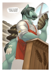 Size: 710x1000 | Tagged: safe, artist:loupgarou, cracked wheat, earth pony, anthro, g4, ancient pony grain bread, apron, bakery, clothes, counter, facial hair, flirting, male, moustache, muscles, no pants, solo